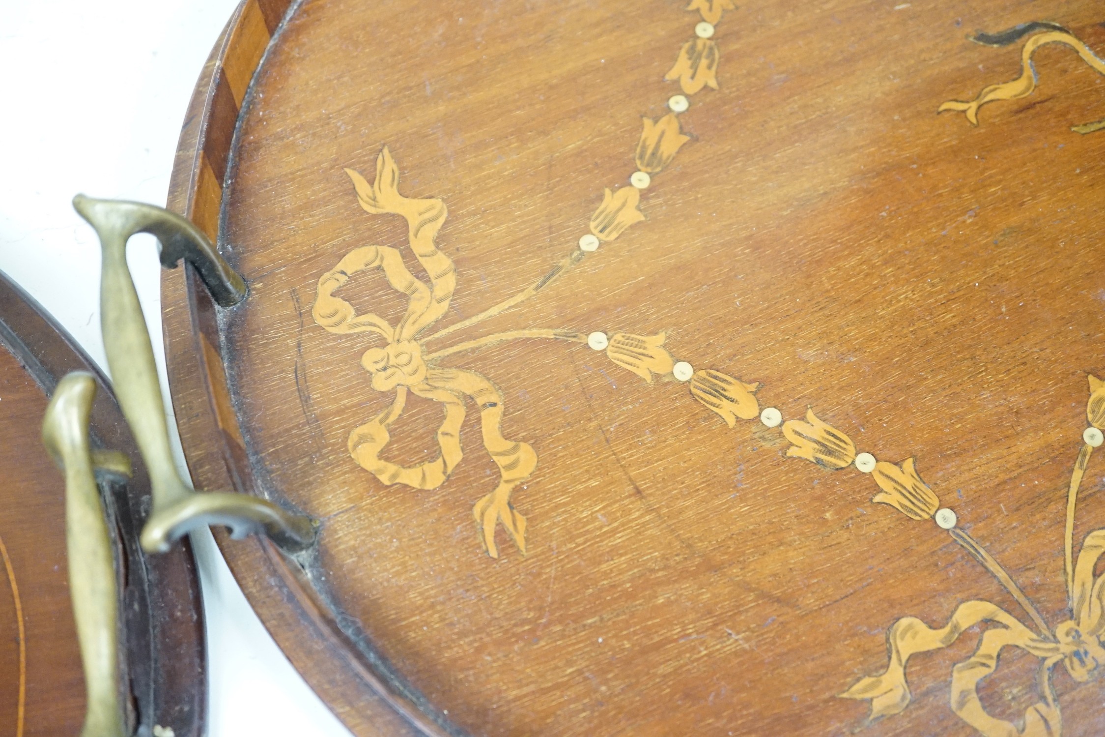 Two early 20th century mahogany and marquetry trays